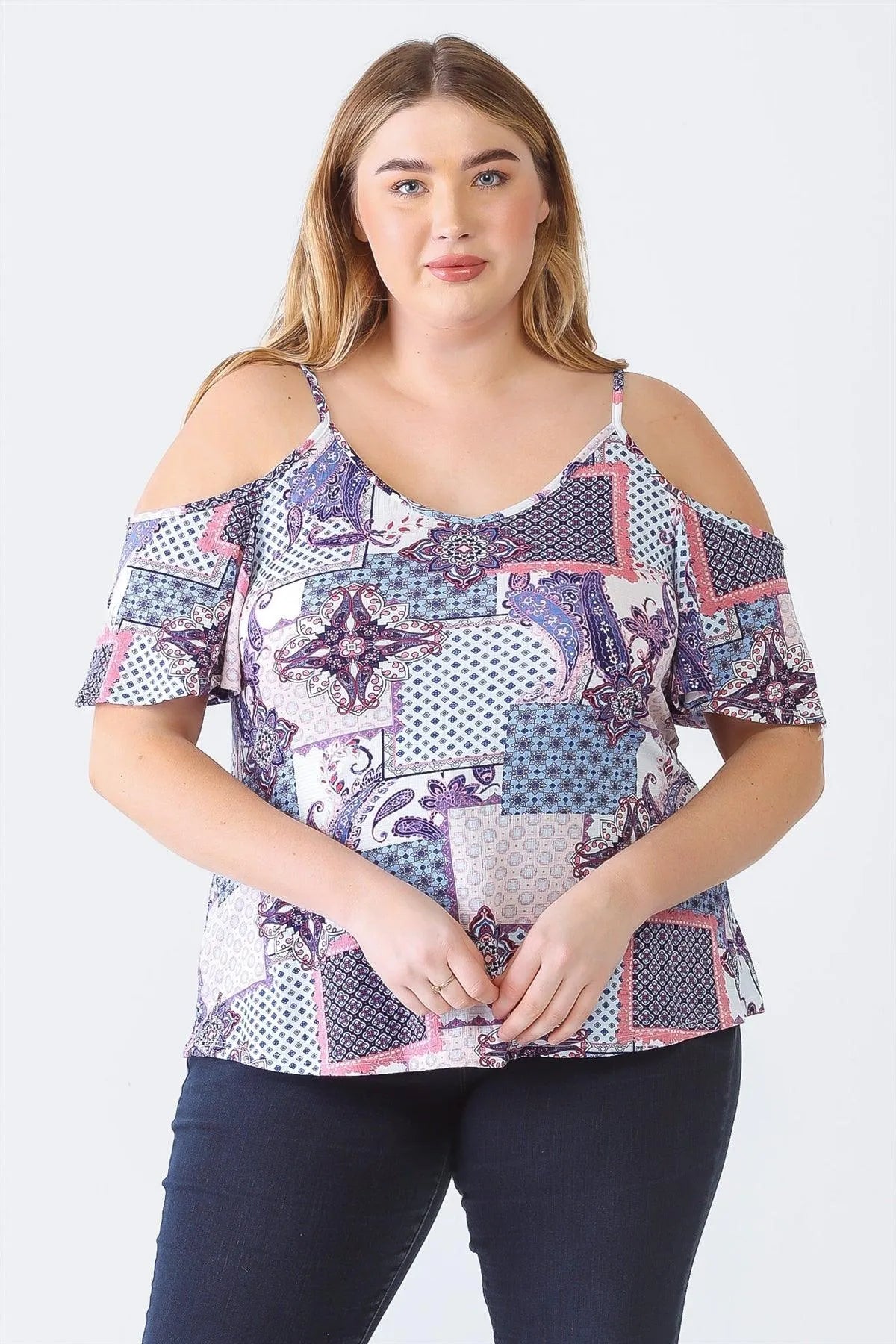 Junior Plus Blue Paisley Print Off-The-Shoulder Short Sleeve Strappy Top /1-1-1 - Tasha Apparel Wholesale