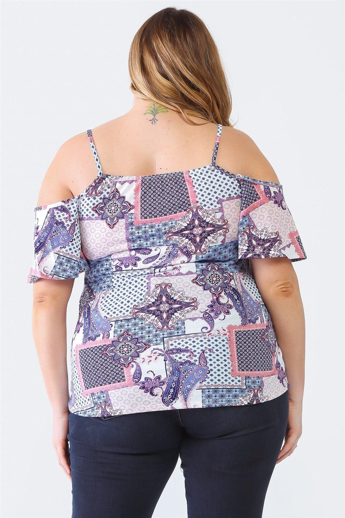 Junior Plus Blue Paisley Print Off-The-Shoulder Short Sleeve Strappy Top /1-1-1