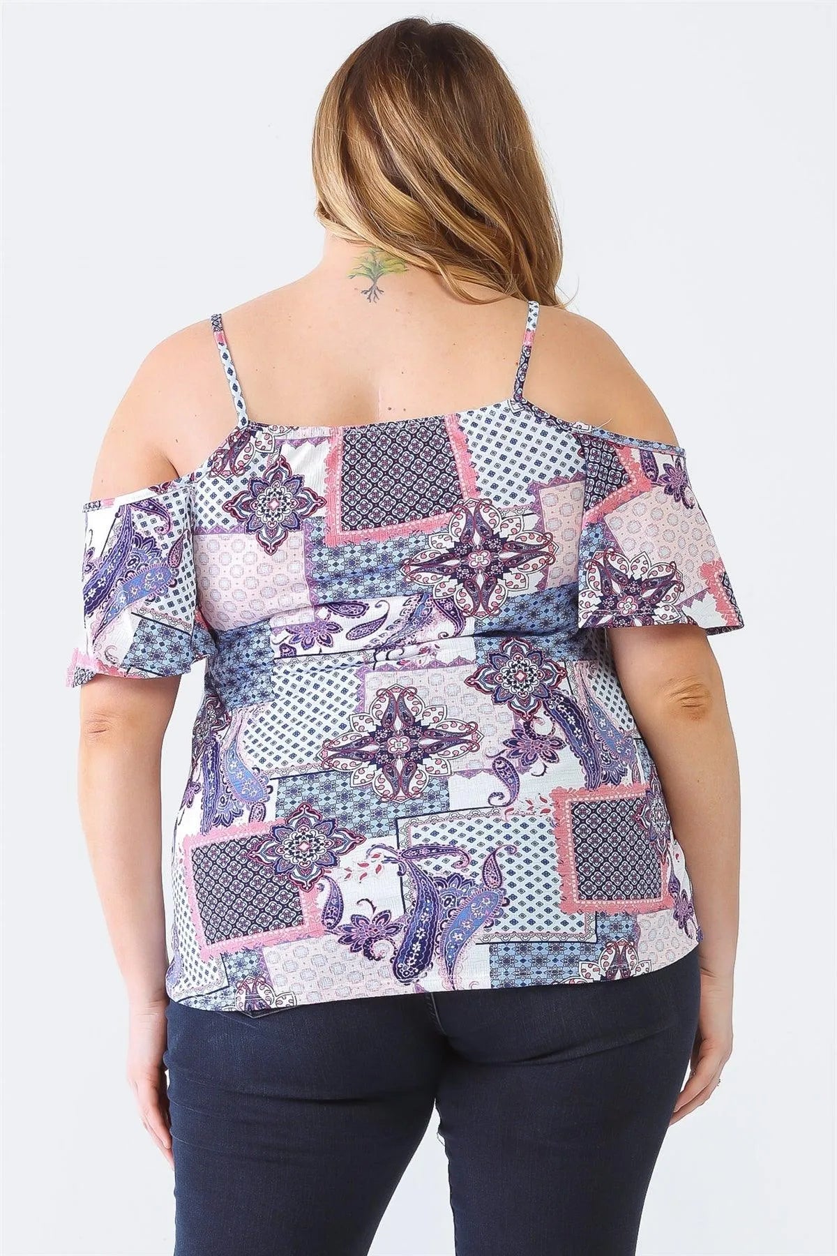 Junior Plus Blue Paisley Print Off-The-Shoulder Short Sleeve Strappy Top /1-1-1 - Tasha Apparel Wholesale