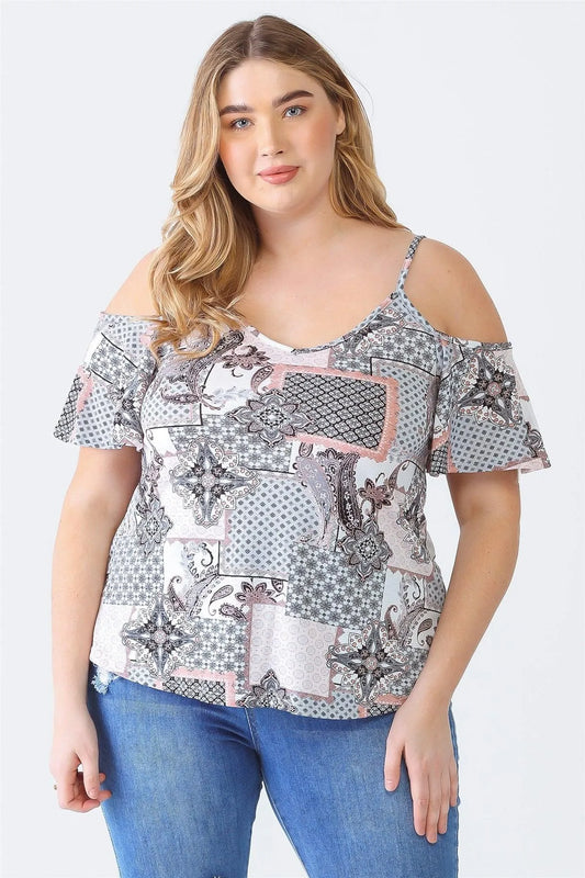 Junior Plus Grey Paisley Print Off-The-Shoulder Short Sleeve Strappy Top /1-1-1 - Tasha Apparel Wholesale