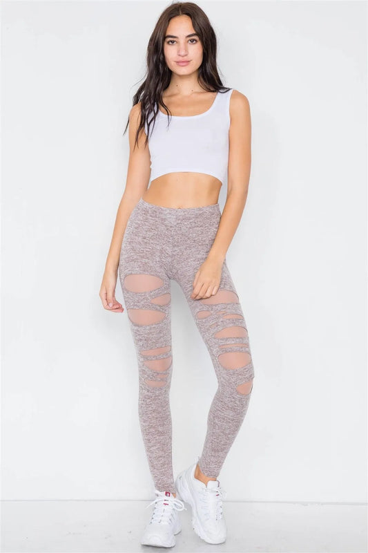 Marled Taupe Sheer Lining Distressed Leggings /2-2-2 - Tasha Apparel Wholesale