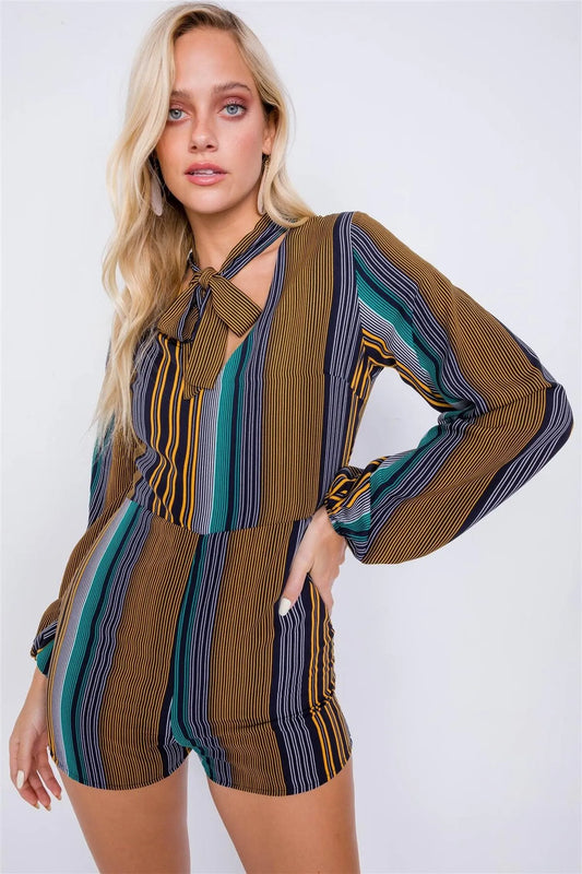 Satin Navy Mustard Multi Stripe Retro Chic Mini Short Romper /2-2-1 - Tasha Apparel Wholesale