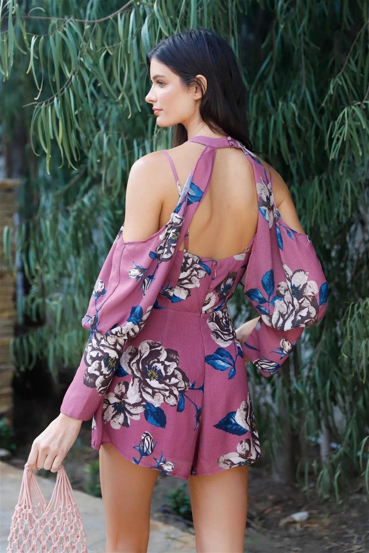 Dusty Rose Floral Print Textured Halter Neck Cold Shoulder Open Back Romper /2-2-1 - Tasha Apparel Wholesale