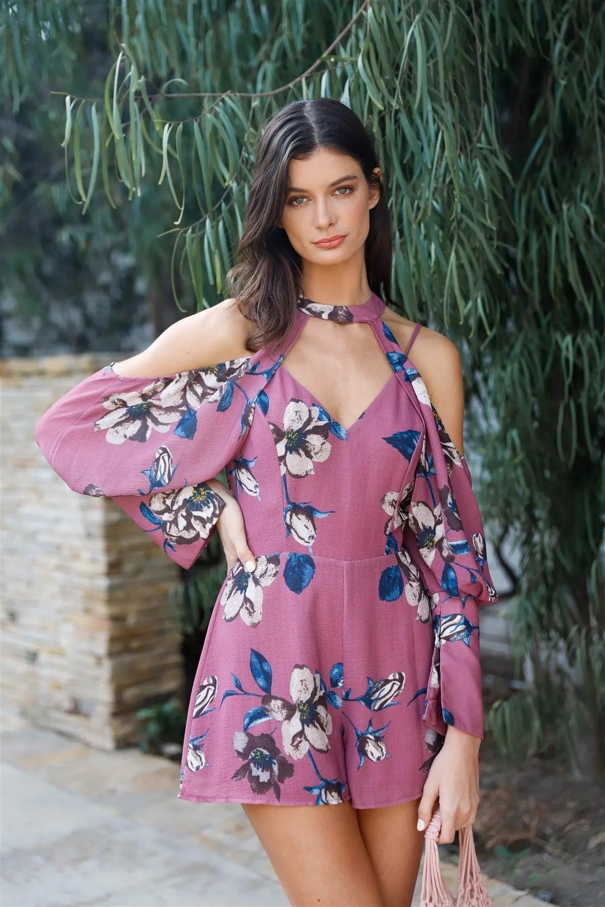 Dusty Rose Floral Print Textured Halter Neck Cold Shoulder Open Back Romper /2-2-1 - Tasha Apparel Wholesale