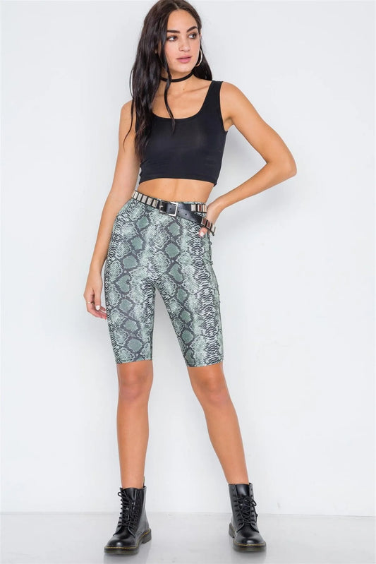 Olive Snake Animal Print High-Waist Biker Shorts - Tasha Apparel Wholesale