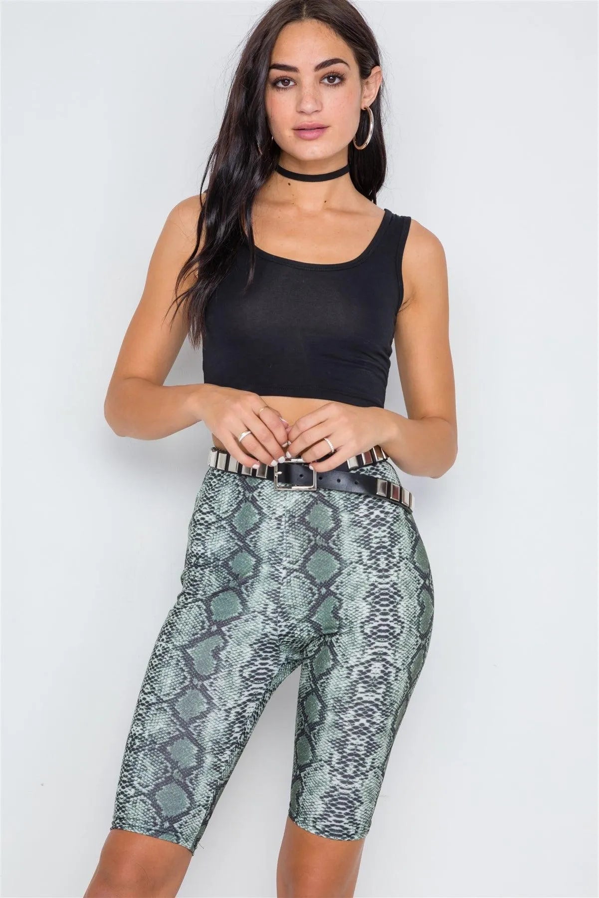 Olive Snake Animal Print High-Waist Biker Shorts - Tasha Apparel Wholesale