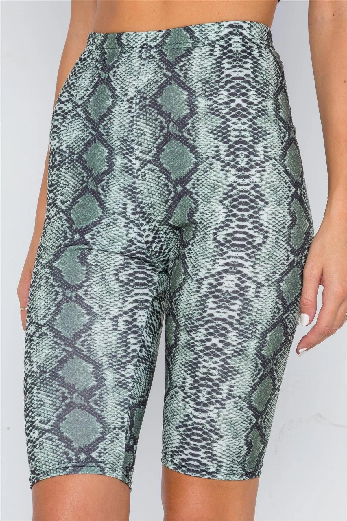 Olive Snake Animal Print High-Waist Biker Shorts - Tasha Apparel Wholesale