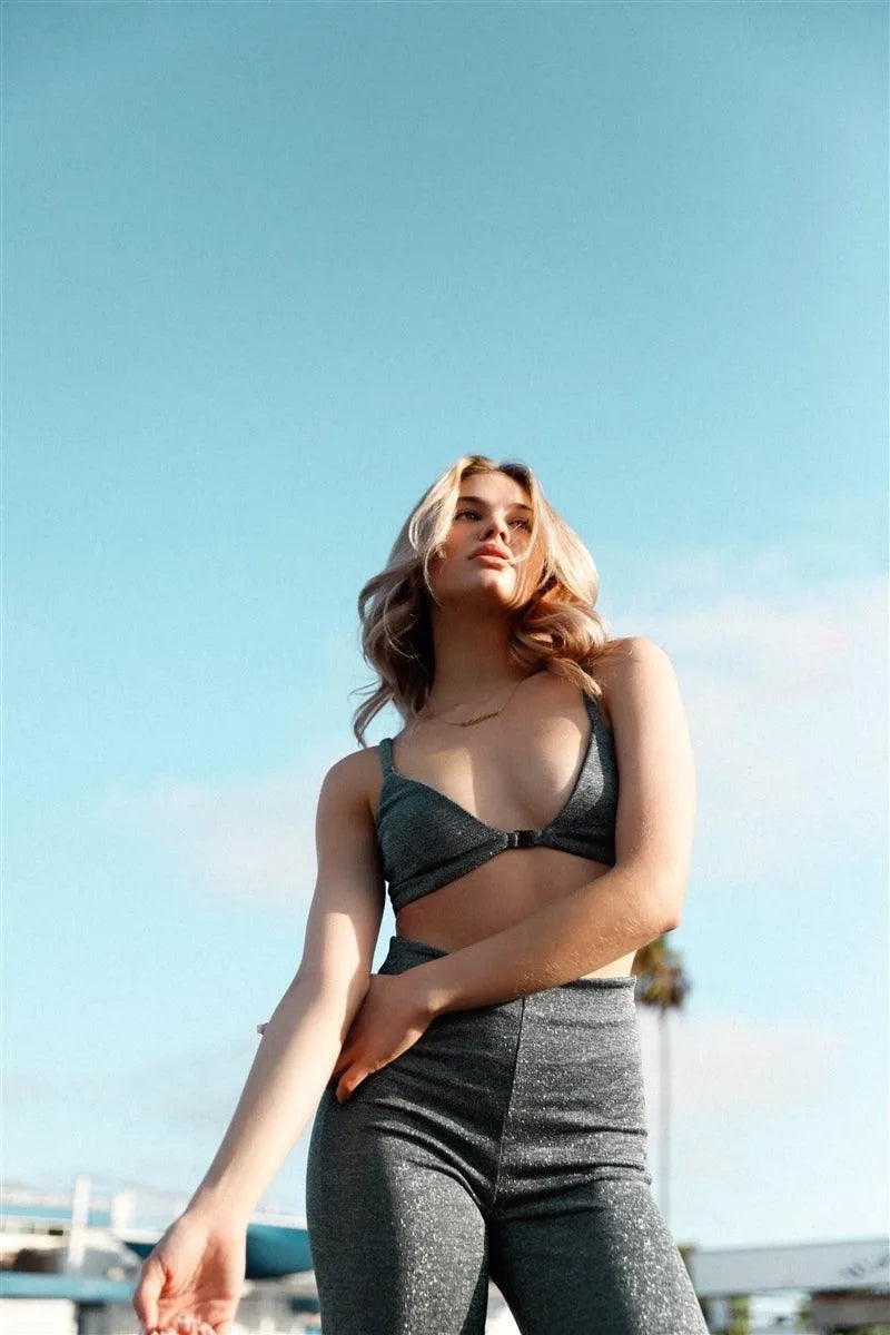 Glitter Charcoal Triangle Crop Top & Maxi Wide Leg Pant Set /2-2-1 - Tasha Apparel Wholesale