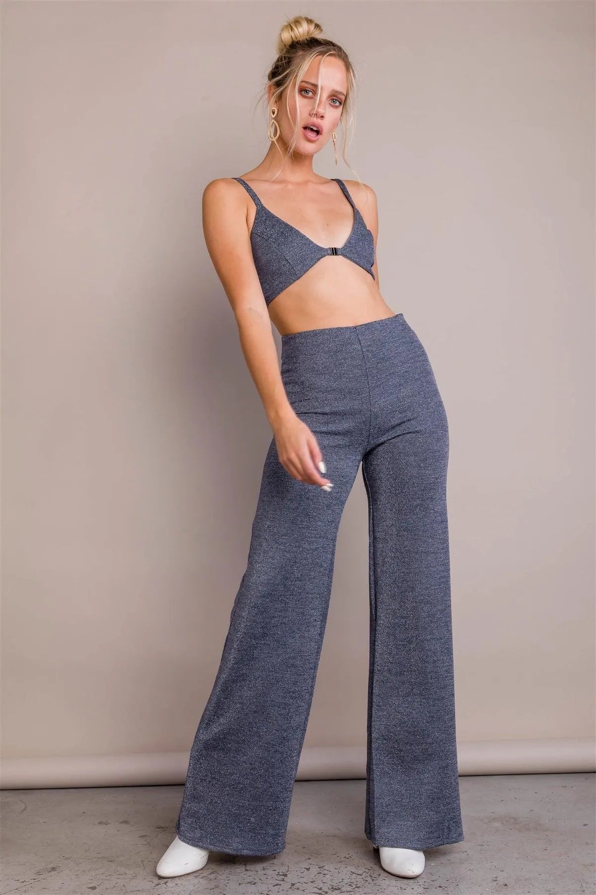 Glitter Charcoal Triangle Crop Top & Maxi Wide Leg Pant Set /2-2-1 - Tasha Apparel Wholesale