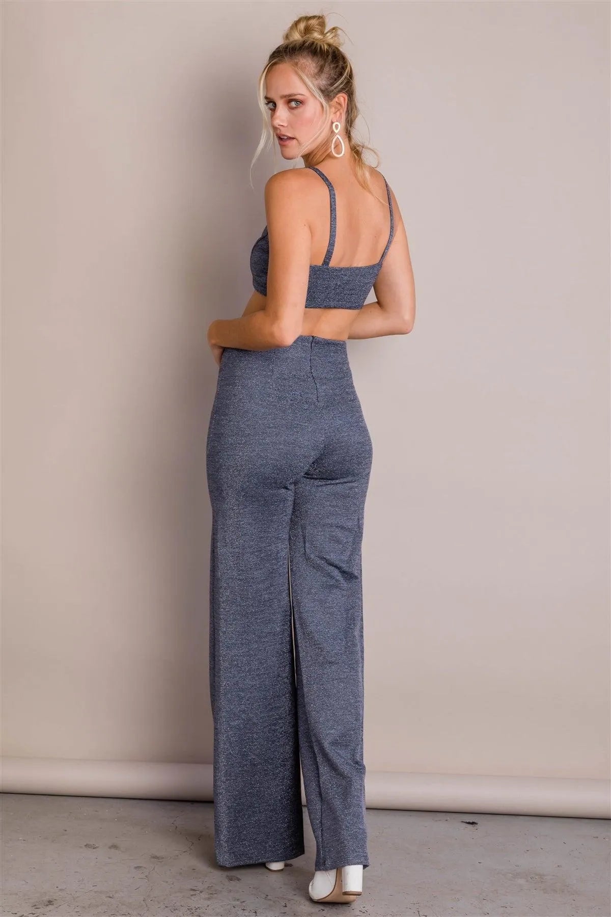 Glitter Charcoal Triangle Crop Top & Maxi Wide Leg Pant Set /2-2-1 - Tasha Apparel Wholesale