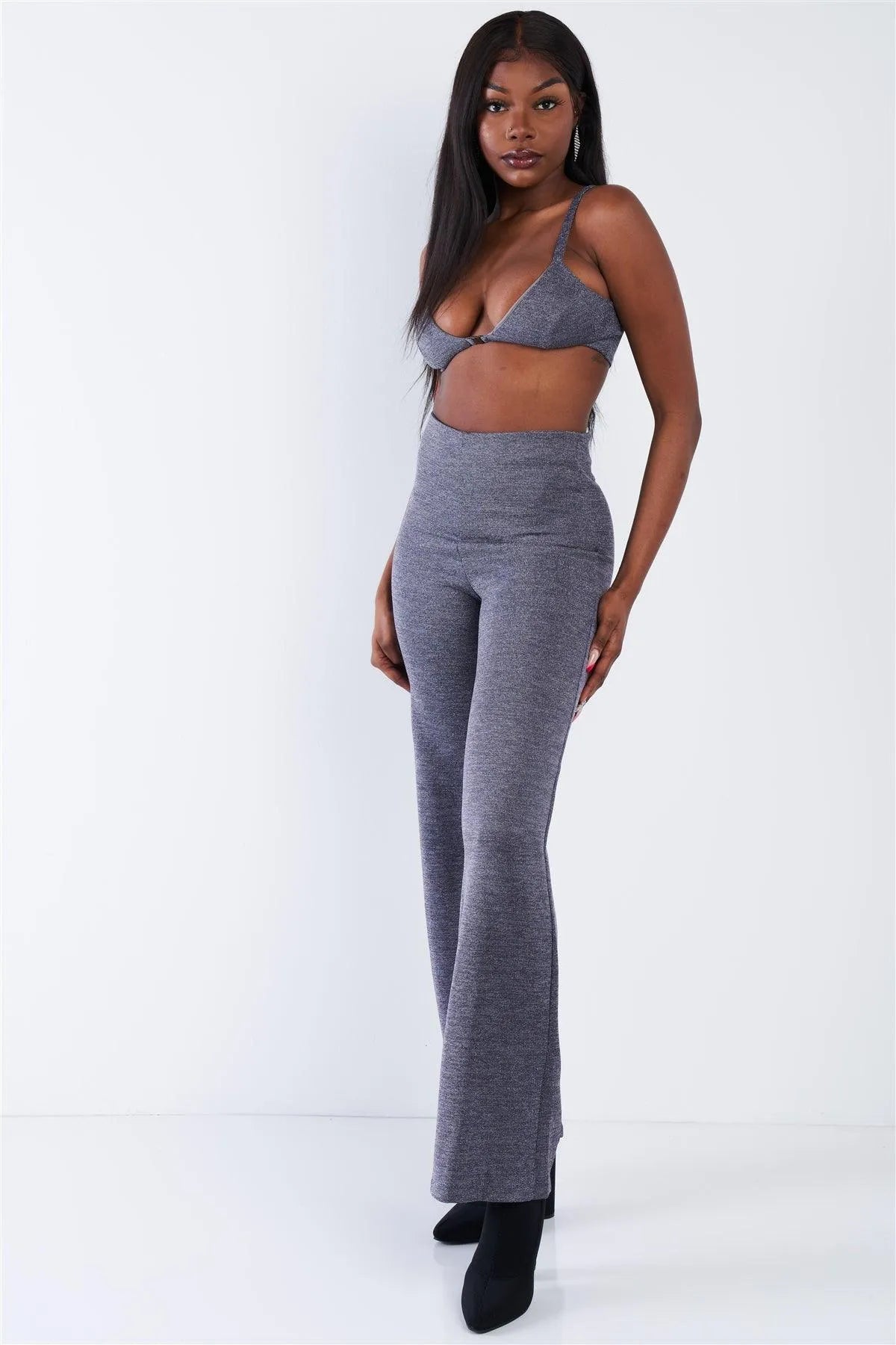 Glitter Charcoal Triangle Crop Top & Maxi Wide Leg Pant Set /2-2-1 - Tasha Apparel Wholesale
