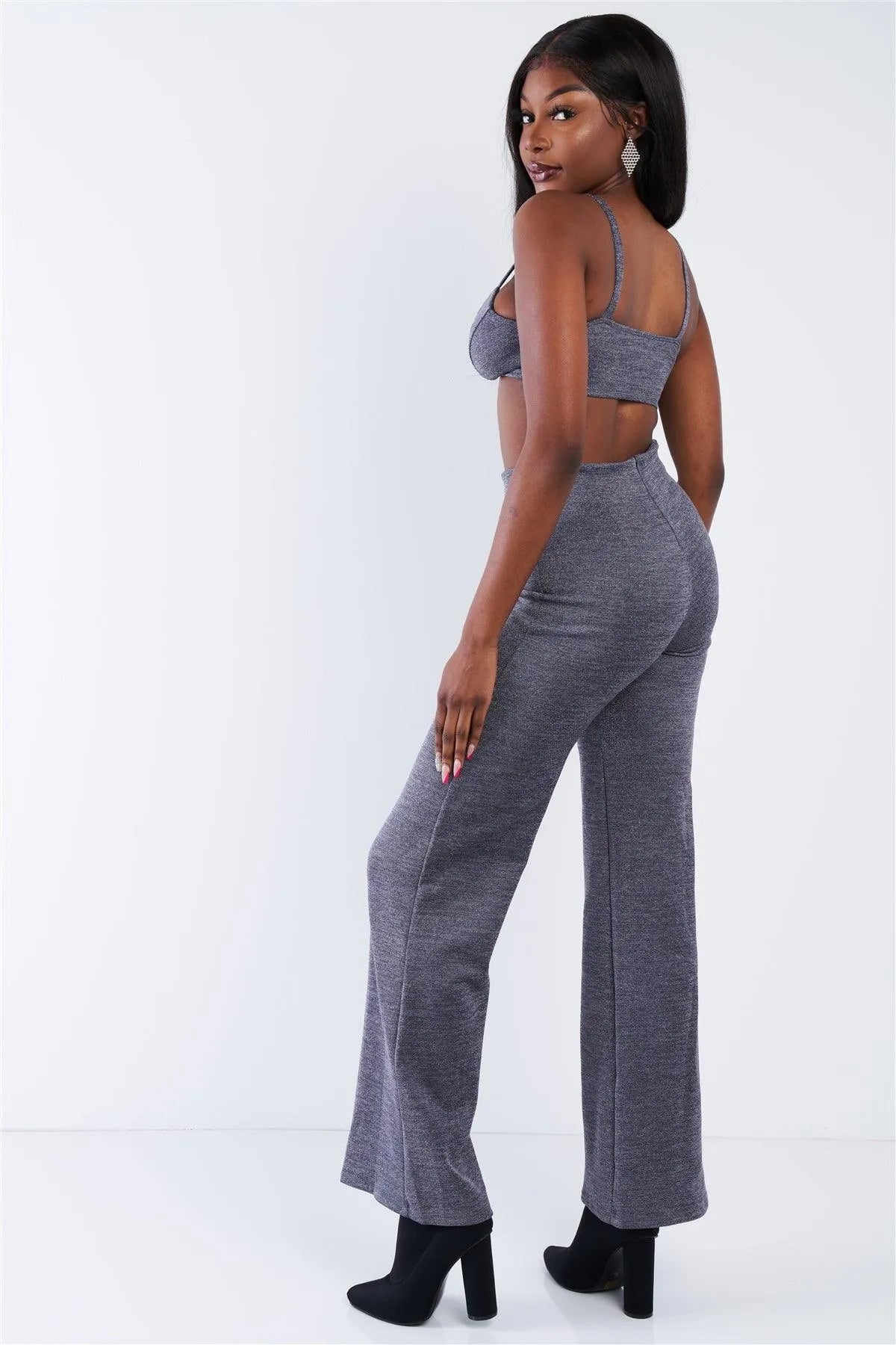 Glitter Charcoal Triangle Crop Top & Maxi Wide Leg Pant Set /2-2-1 - Tasha Apparel Wholesale