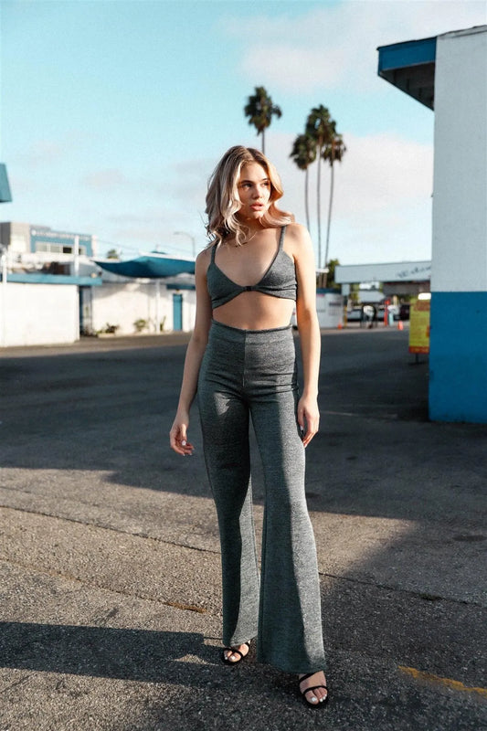 Glitter Teal Triangle Crop Top & Maxi Wide Leg Pant Set /3-2-1 - Tasha Apparel Wholesale