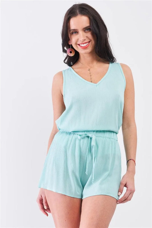 Mint Blue Solid Sleeveless Relaxed Top & Self-Tie Mini Shorts Set /3-2-1 - Tasha Apparel Wholesale