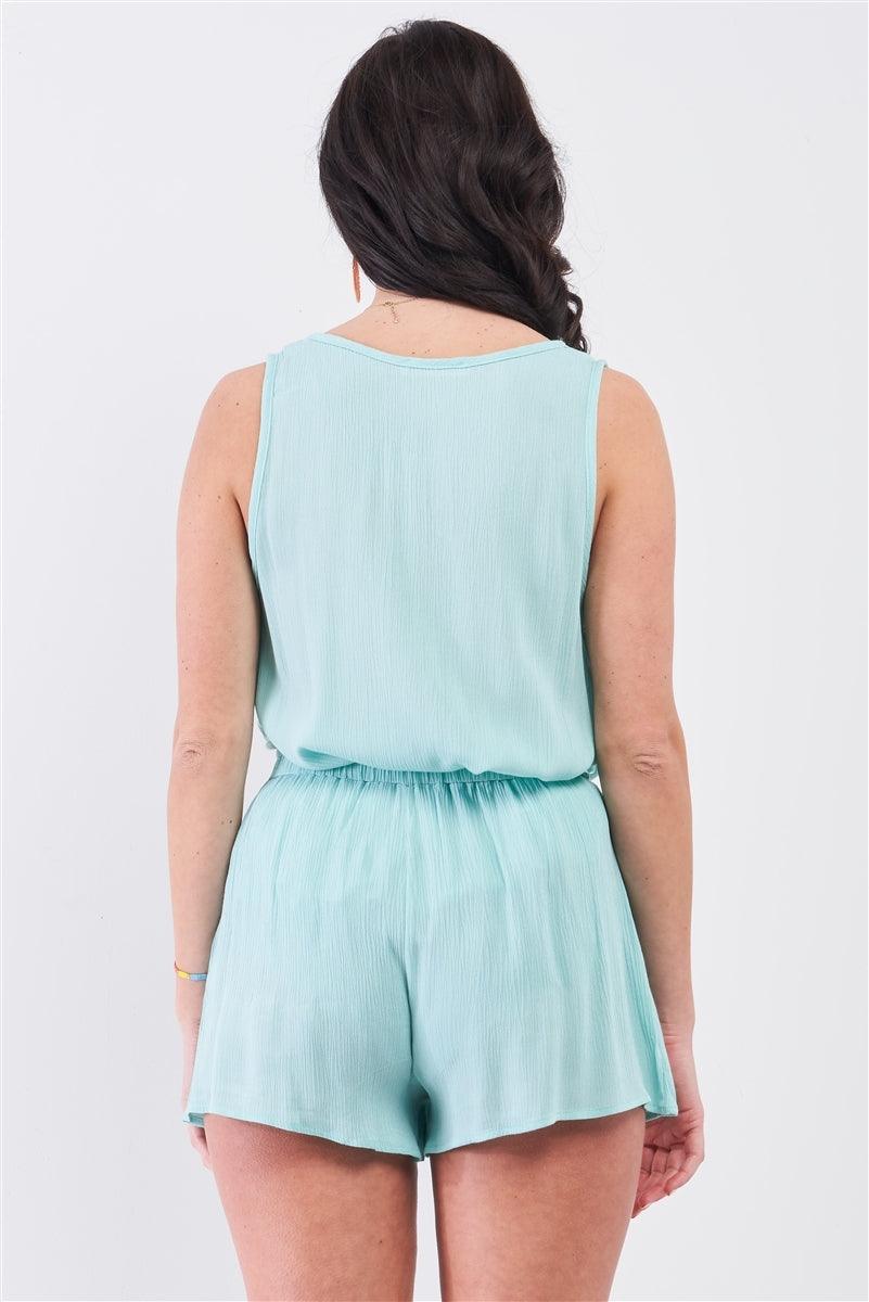 Mint Blue Solid Sleeveless Relaxed Top & Self-Tie Mini Shorts Set /3-2-1