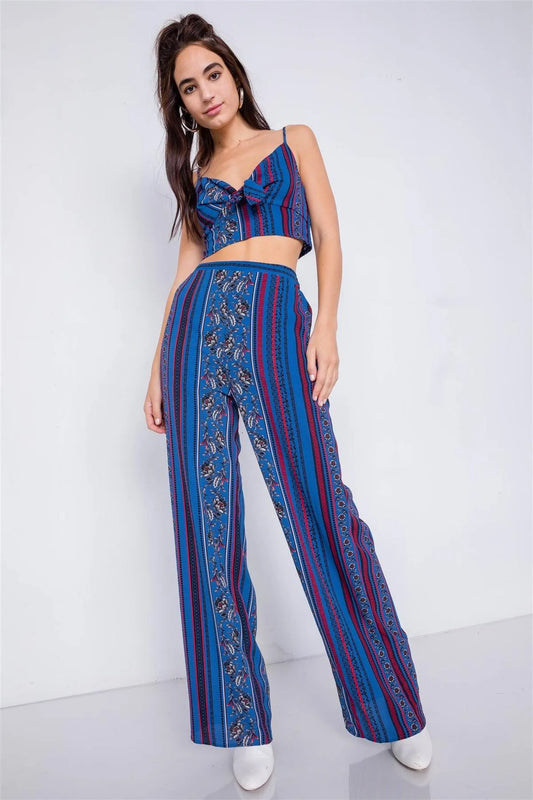 Marine Blue Multi Boho Print Cut Out Crop Top & Chic High Waist Wide Leg Pant Set /3-2-1 - Tasha Apparel Wholesale