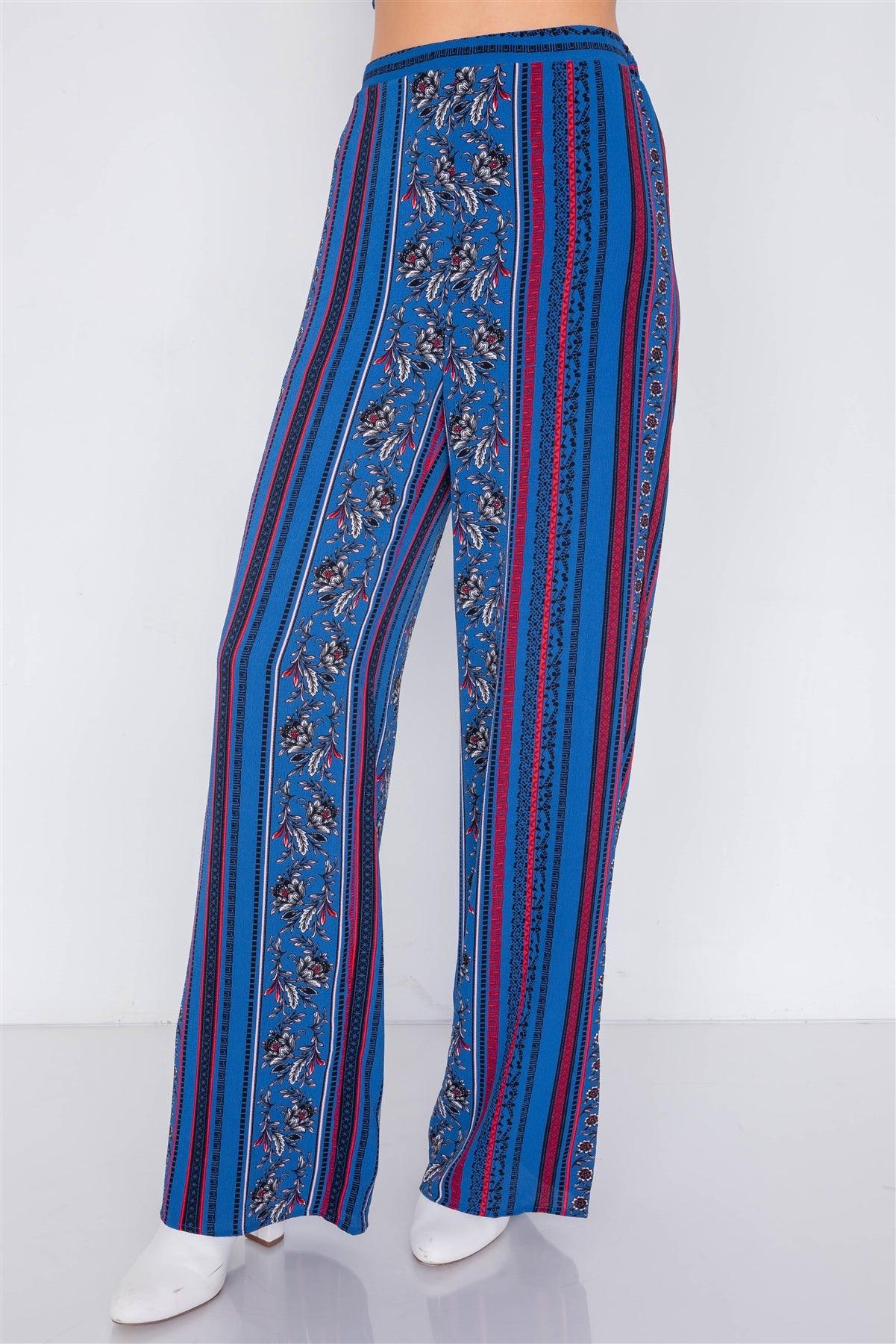 Marine Blue Multi Boho Print Cut Out Crop Top & Chic High Waist Wide Leg Pant Set  /3-2-1