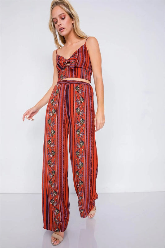 Rust Multi Boho Print Cut Out Crop Top & Chic High Waist Wide Leg Pant Set /2-2-1 - Tasha Apparel Wholesale