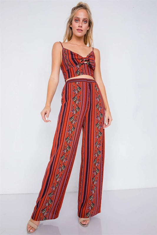 Rust Multi Boho Print Cut Out Crop Top & Chic High Waist Wide Leg Pant Set /3-2-1 - Tasha Apparel Wholesale