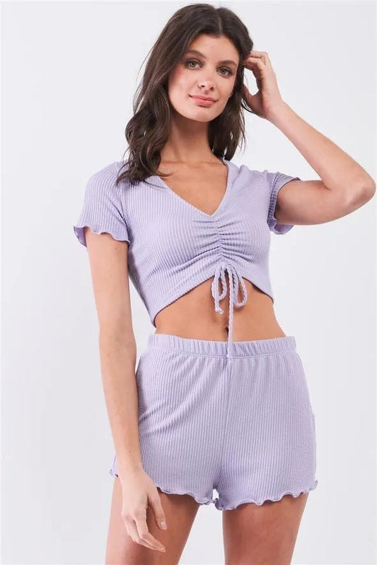 Lavender Ribbed Drawstring Ruched Front V-Neck Short Sleeve Frill Trim Cropped Top & High-Waisted Shorts Set - Tasha Apparel Wholesale