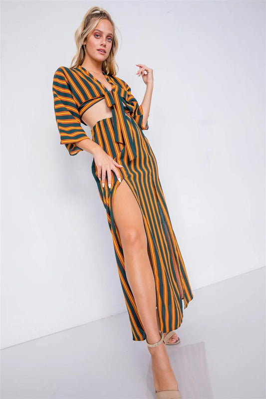 Green Mustard Multi Stripe Crop Top & Maxi Slit Skirt Set /3-2-1 - Tasha Apparel Wholesale