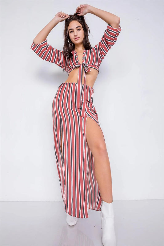 Rust Green Multi Stripe Crop Top & Maxi Slit Skirt Set /3-2-1 - Tasha Apparel Wholesale