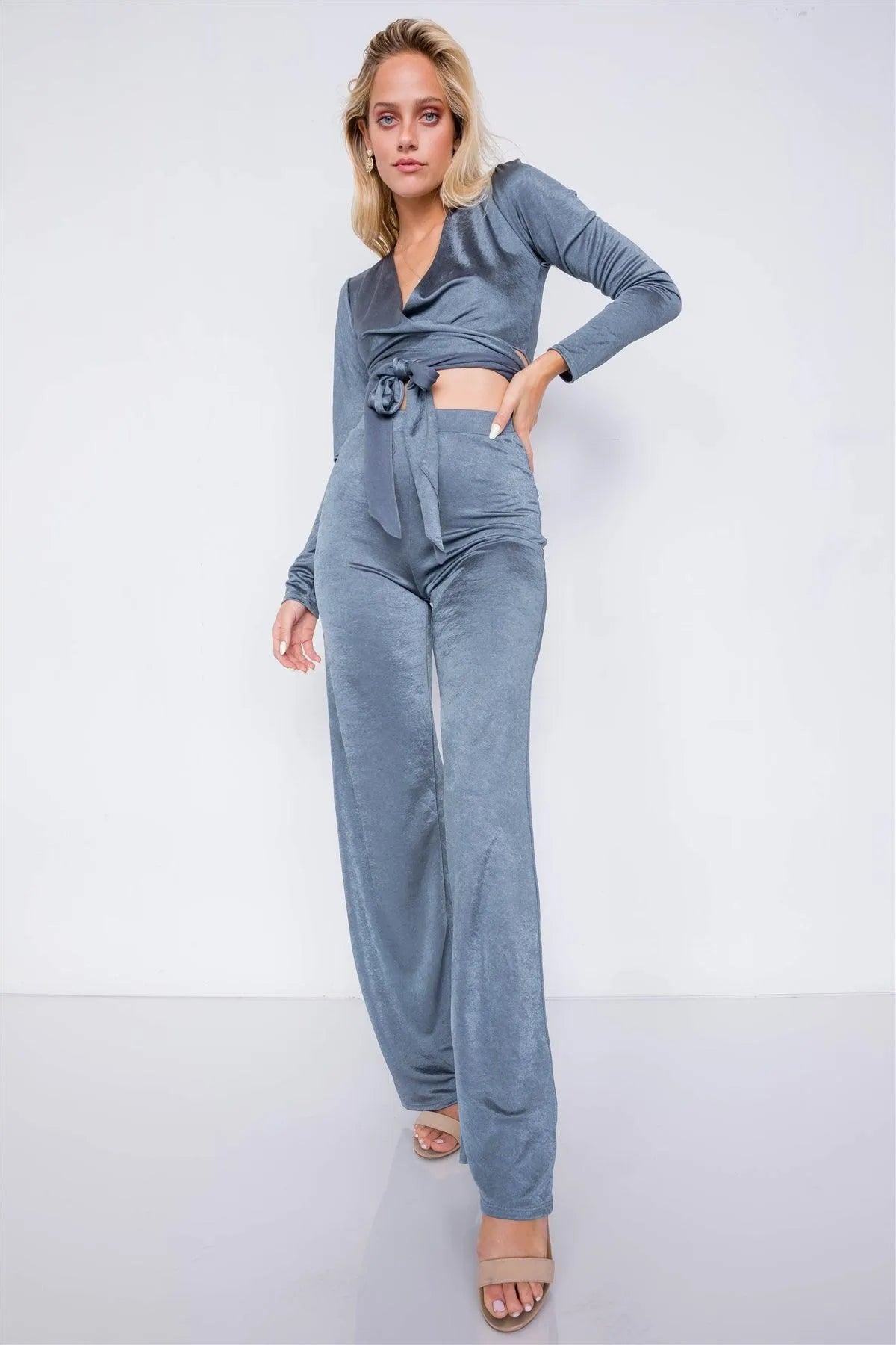 Charcoal V-Neck Front Tie Crop Top & Vintage Flare Wide Leg Set - Tasha Apparel Wholesale