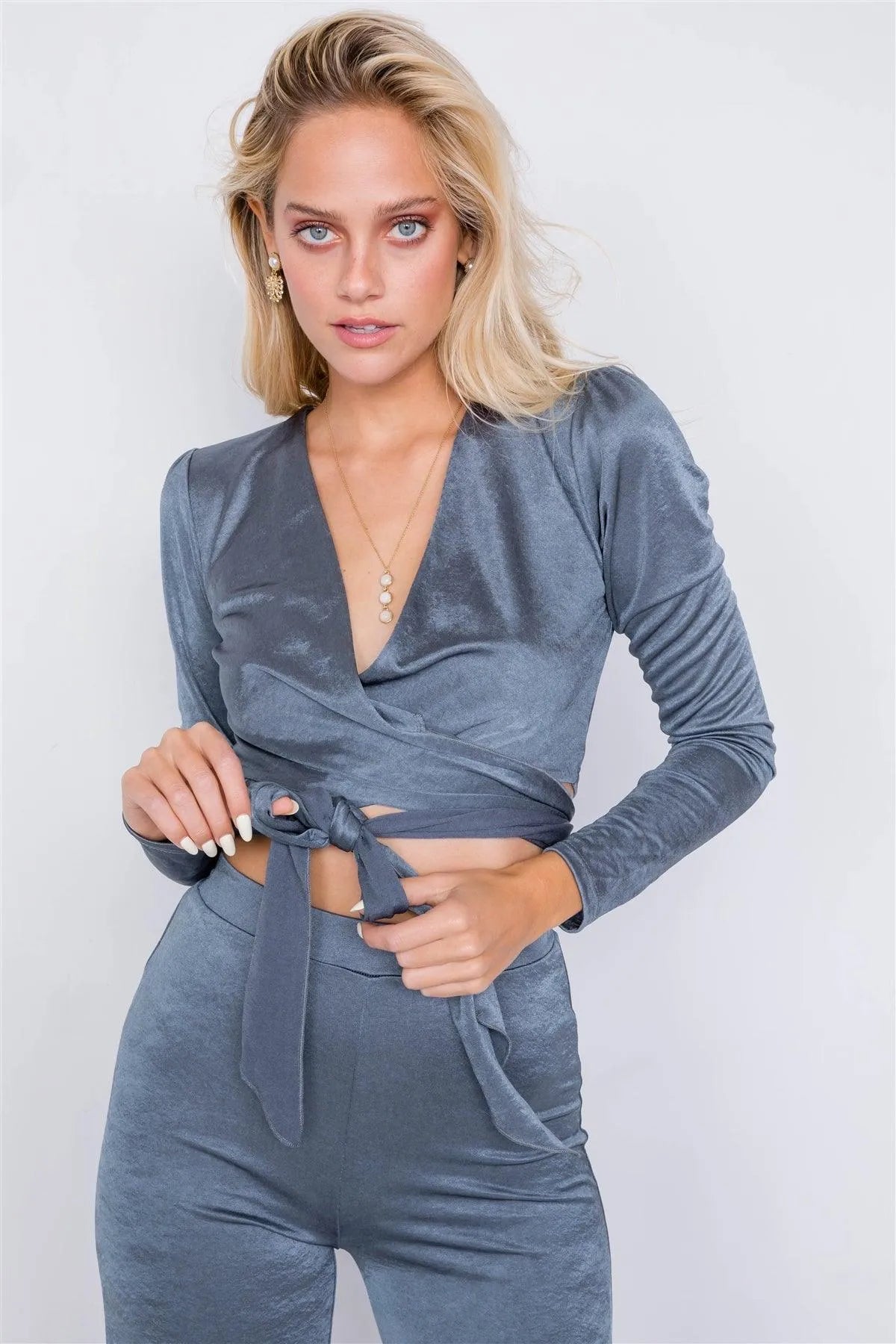 Charcoal V-Neck Front Tie Crop Top & Vintage Flare Wide Leg Set - Tasha Apparel Wholesale