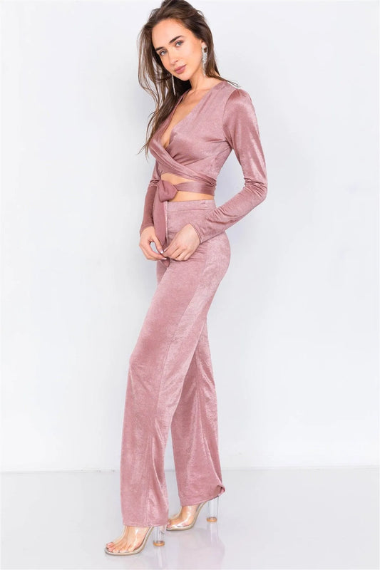 Rose Gold V-Neck Front Tie Crop Top & Vintage Flare Wide Leg Set /1-2-1 - Tasha Apparel Wholesale