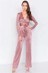Rose Gold V-Neck Front Tie Crop Top & Vintage Flare Wide Leg Set /3-2-1 - Tasha Apparel Wholesale