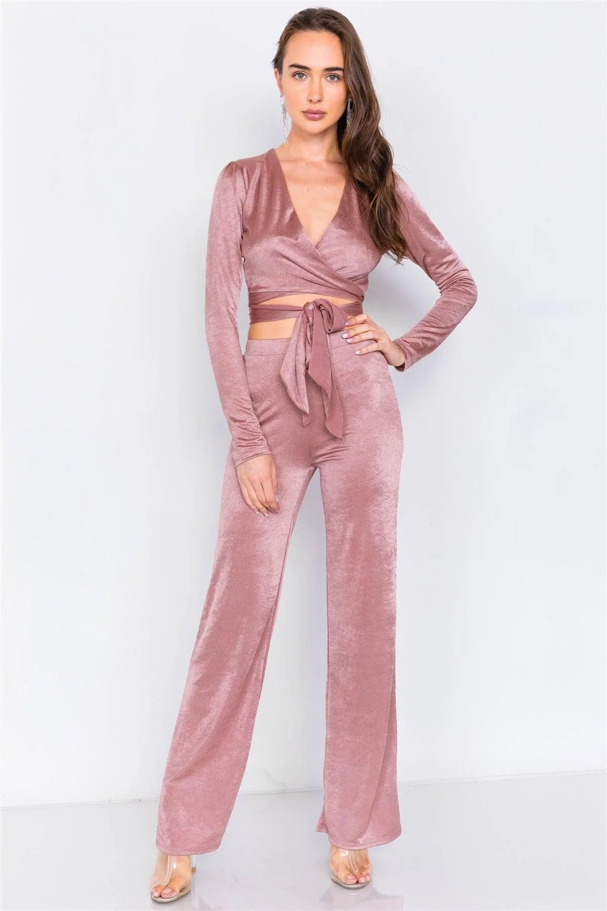 Rose Gold V-Neck Front Tie Crop Top & Vintage Flare Wide Leg Set /3-2-1 - Tasha Apparel Wholesale