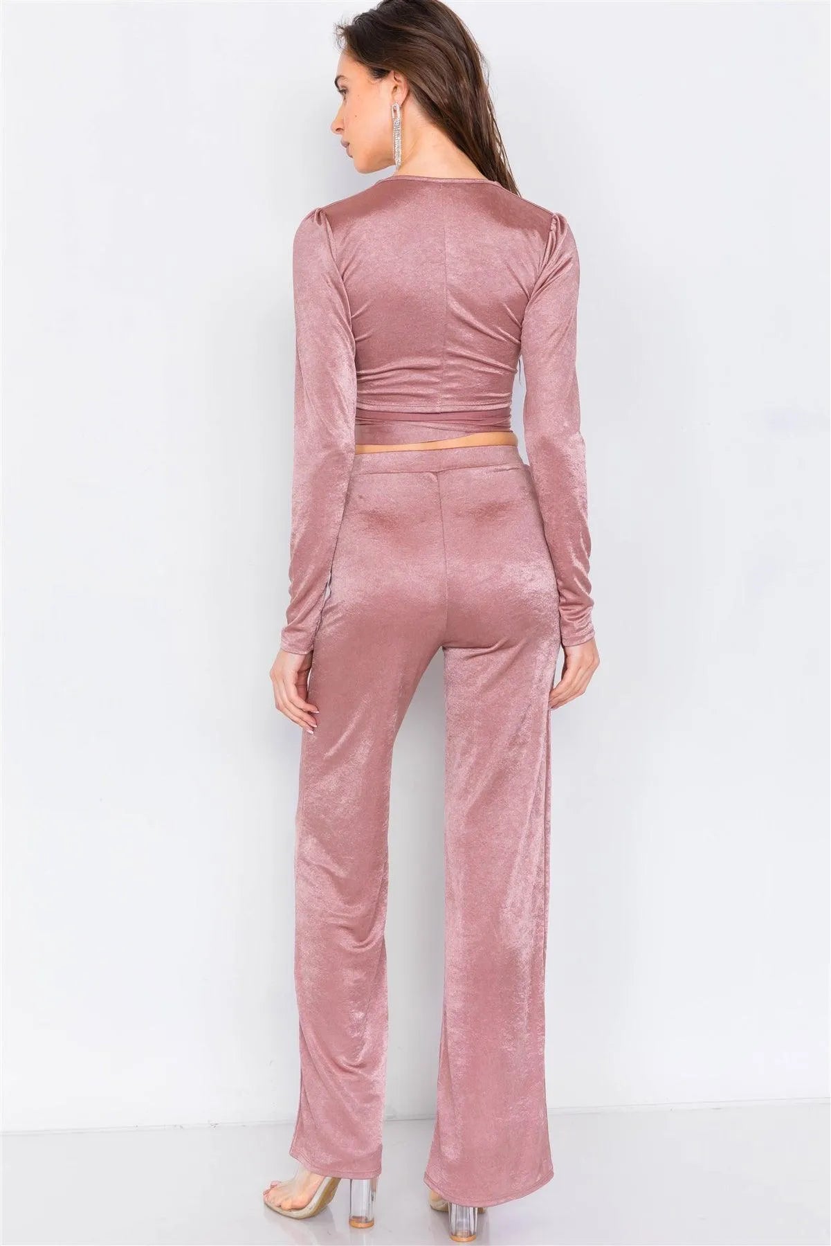 Rose Gold V-Neck Front Tie Crop Top & Vintage Flare Wide Leg Set /3-2-1 - Tasha Apparel Wholesale