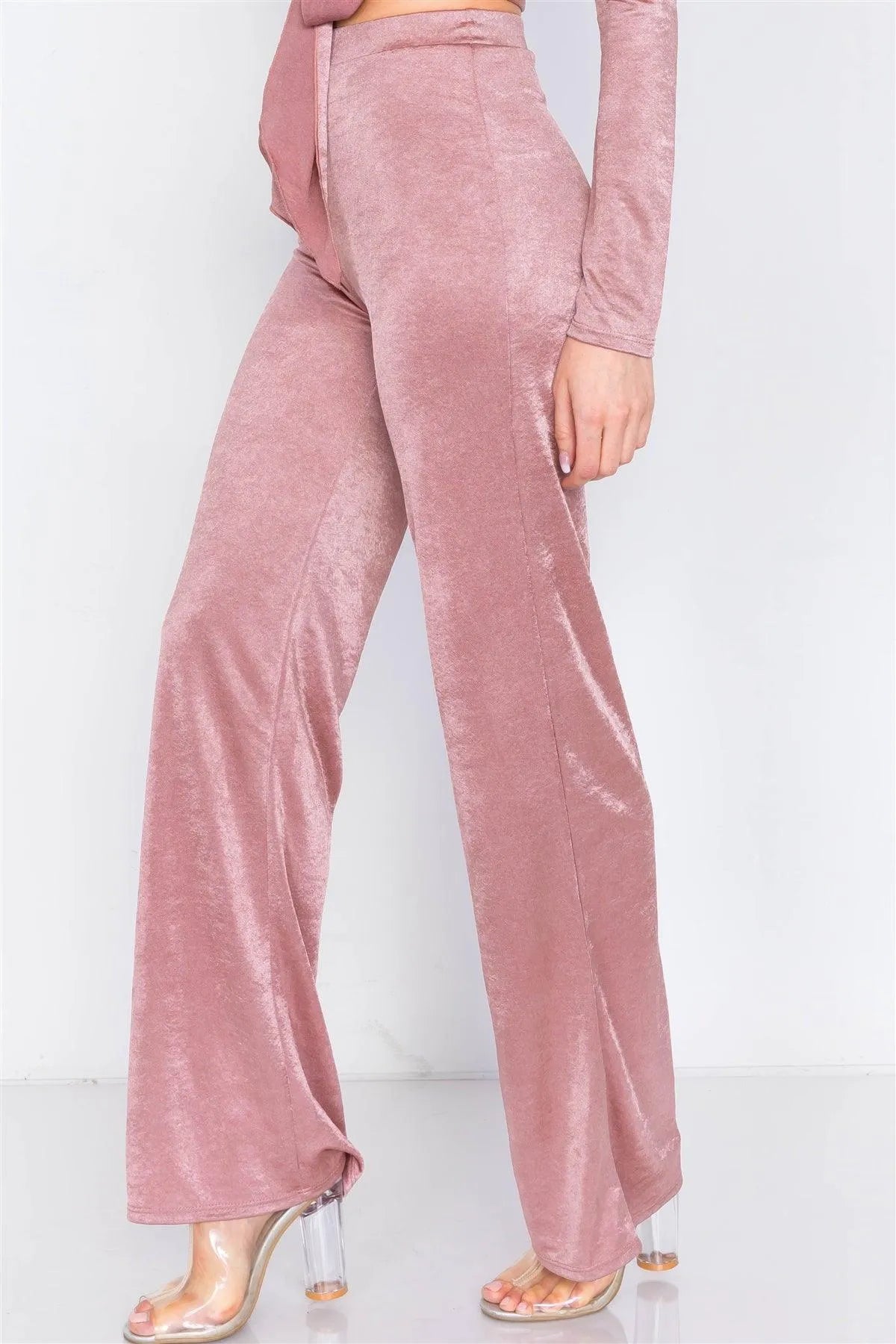 Rose Gold V-Neck Front Tie Crop Top & Vintage Flare Wide Leg Set /3-2-1 - Tasha Apparel Wholesale