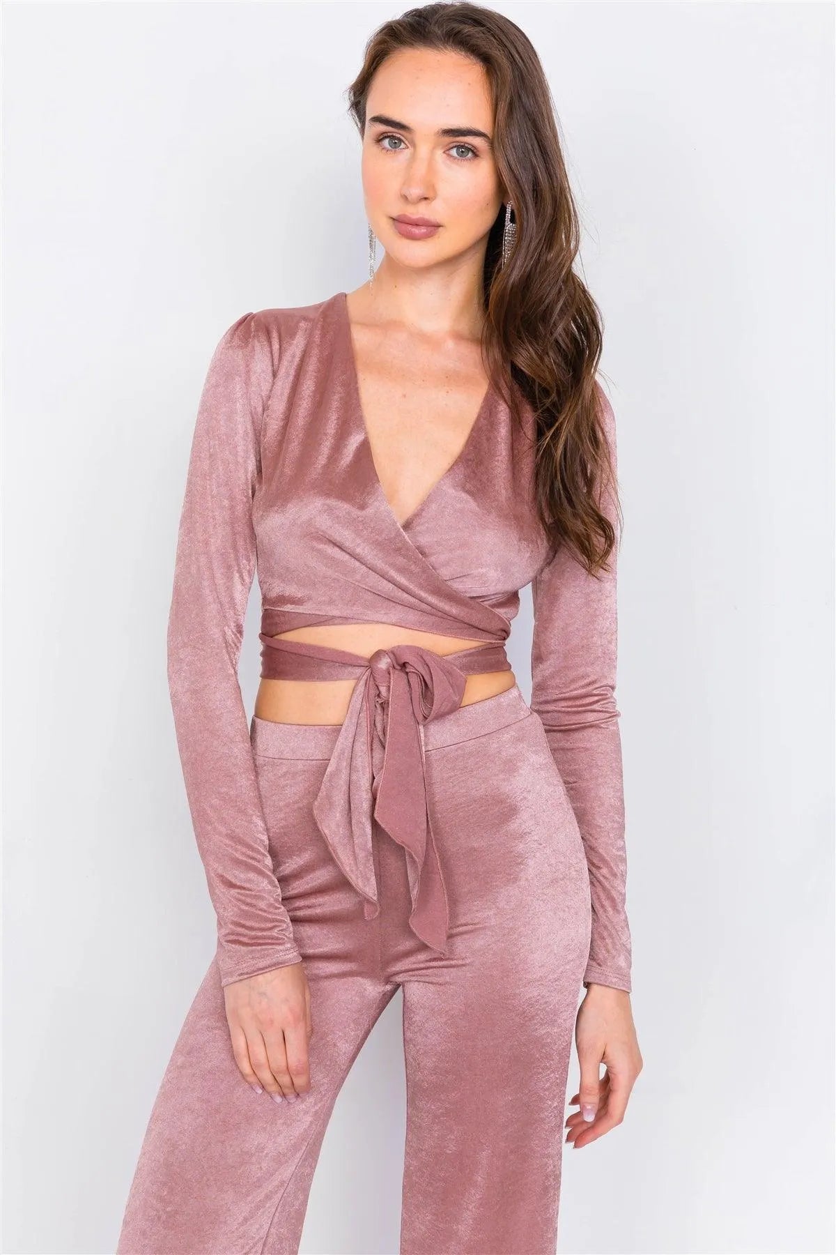 Rose Gold V-Neck Front Tie Crop Top & Vintage Flare Wide Leg Set /3-2-1 - Tasha Apparel Wholesale