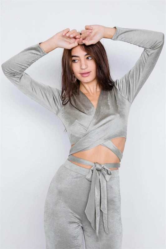 Sage V-Neck Front Tie Crop Top & Vintage Flare Wide Leg Set /3-2-1 - Tasha Apparel Wholesale