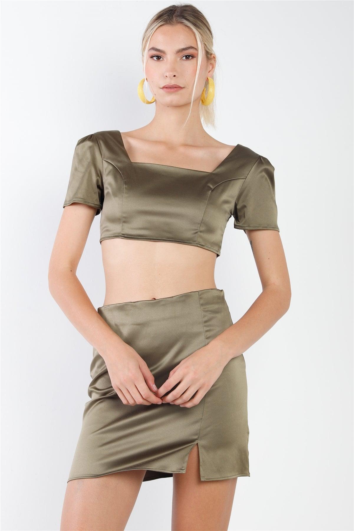 Olive Satin Effect Square Neck Crop Top & High Waist Slit Detail Mini Skirt Set /3-2-1