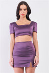 Purple Satin Effect Square Neck Crop Top & High Waist Slit Detail Mini Skirt Set /1-2-2