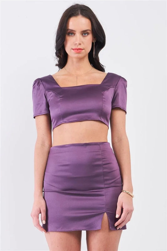 Purple Satin Effect Square Neck Crop Top & High Waist Slit Detail Mini Skirt Set /1-2-2 - Tasha Apparel Wholesale