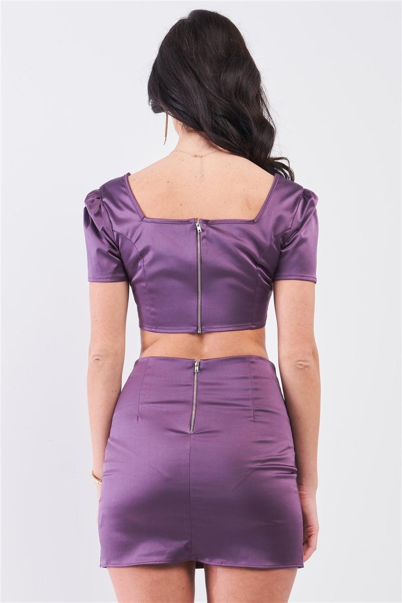 Purple Satin Effect Square Neck Crop Top & High Waist Slit Detail Mini Skirt Set /1-2-2