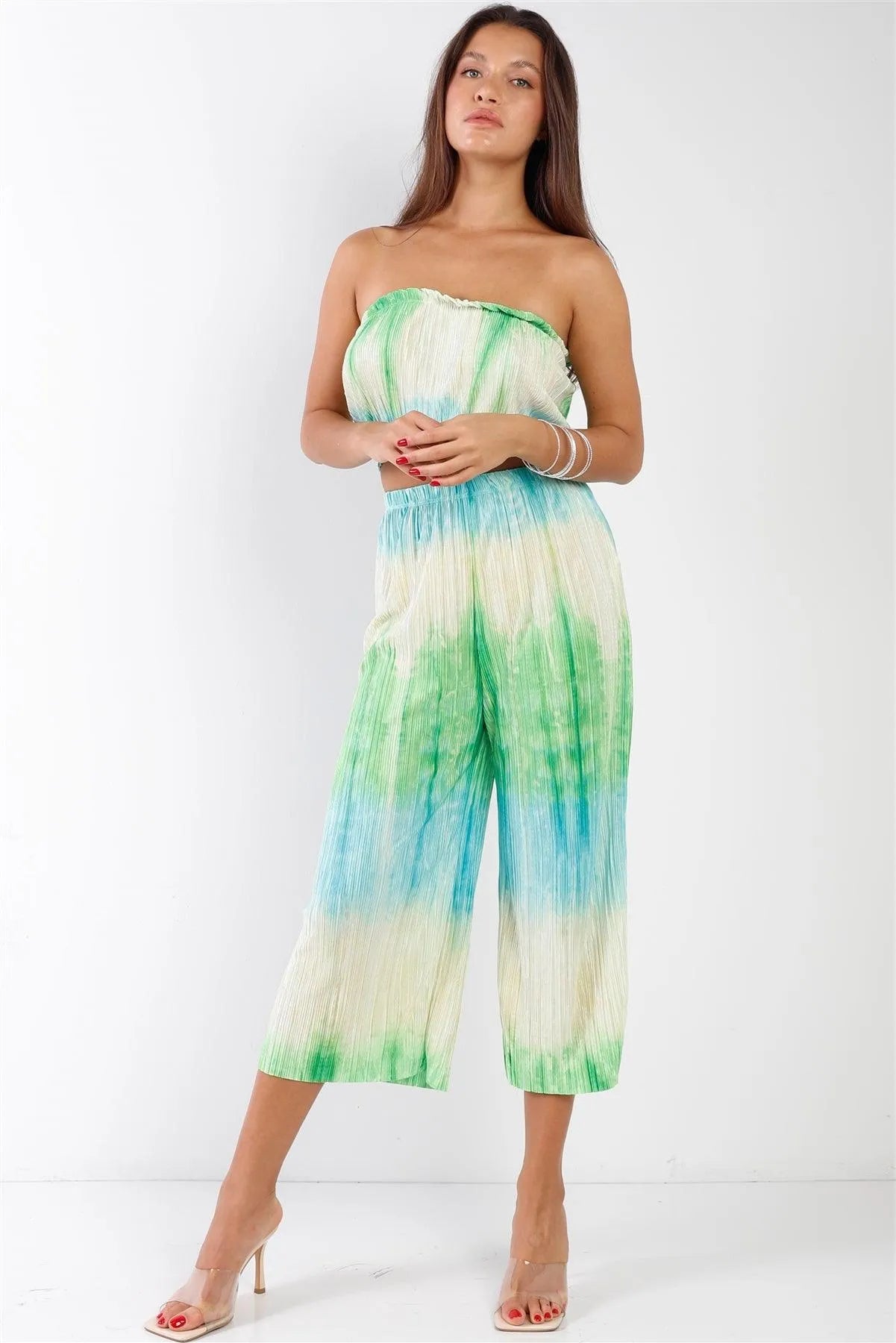 Tie-Dye Green & Blue Acid Wash Pleated Sleeveless Strapless Crop Top & High Waist Wide Pants Set /3-2-1 - Tasha Apparel Wholesale
