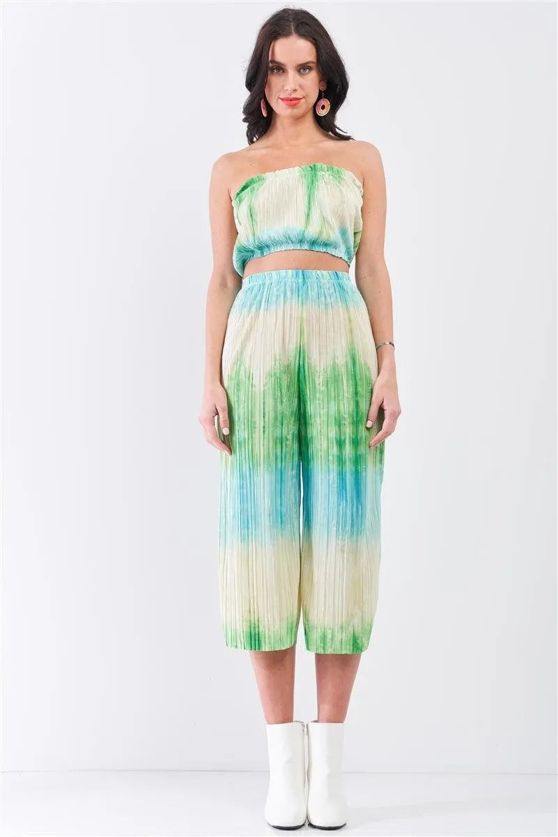 Tie-Dye Green & Blue Acid Wash Pleated Sleeveless Strapless Crop Top & High Waist Wide Pants Set /3-2-1 - Tasha Apparel Wholesale