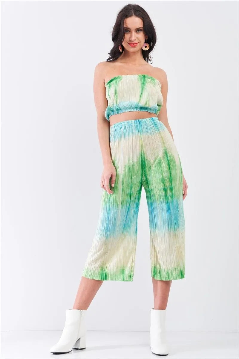 Tie-Dye Green & Blue Acid Wash Pleated Sleeveless Strapless Crop Top & High Waist Wide Pants Set /3-2-1 - Tasha Apparel Wholesale