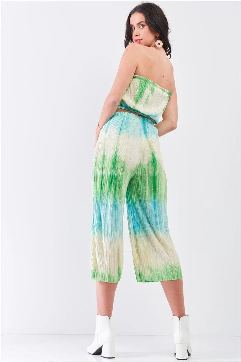 Tie-Dye Green & Blue Acid Wash Pleated Sleeveless Strapless Crop Top & High Waist Wide Pants Set /3-2-1 - Tasha Apparel Wholesale