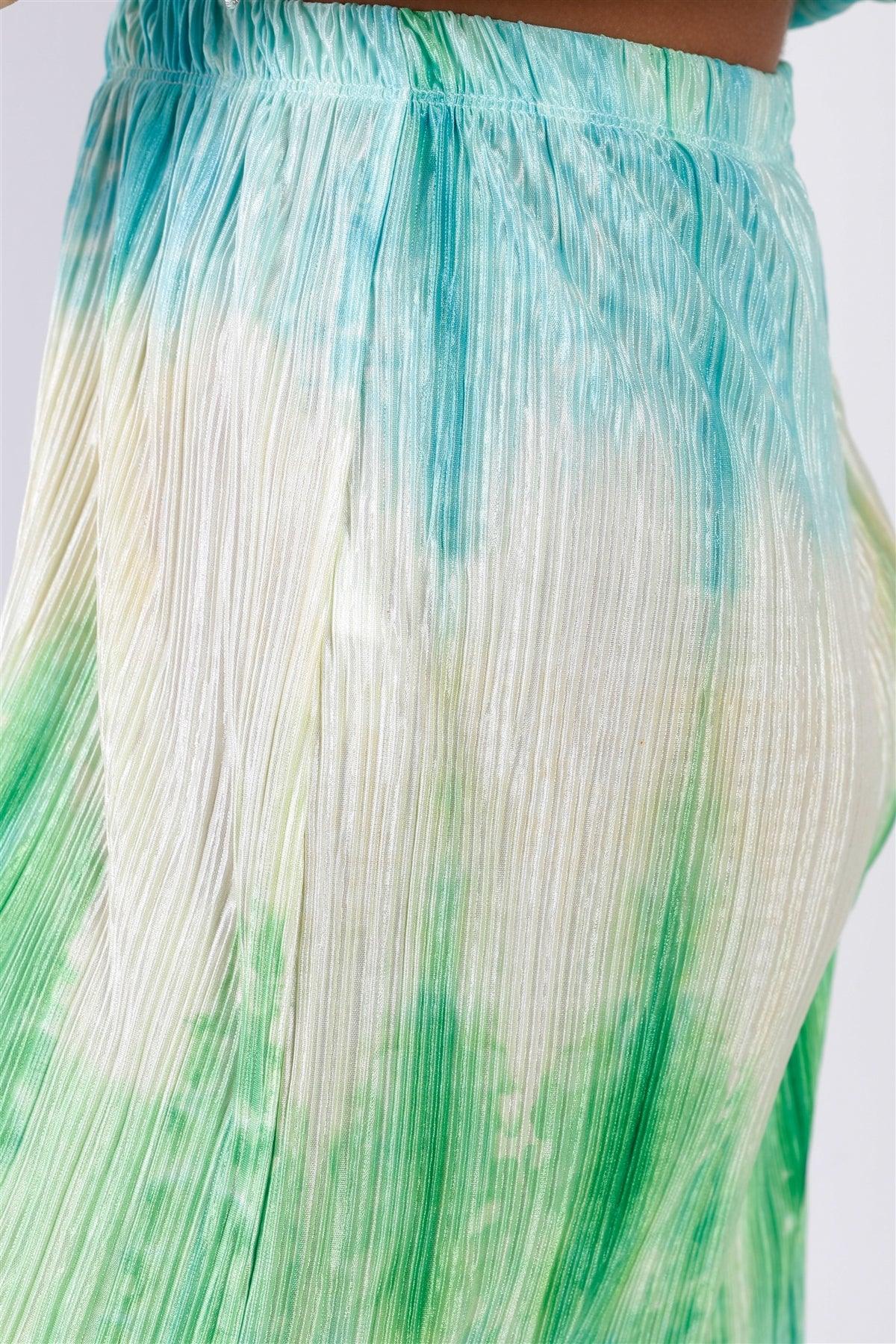 Tie-Dye Green & Blue Acid Wash Pleated Sleeveless Strapless Crop Top & High Waist Wide Pants Set /3-2-1