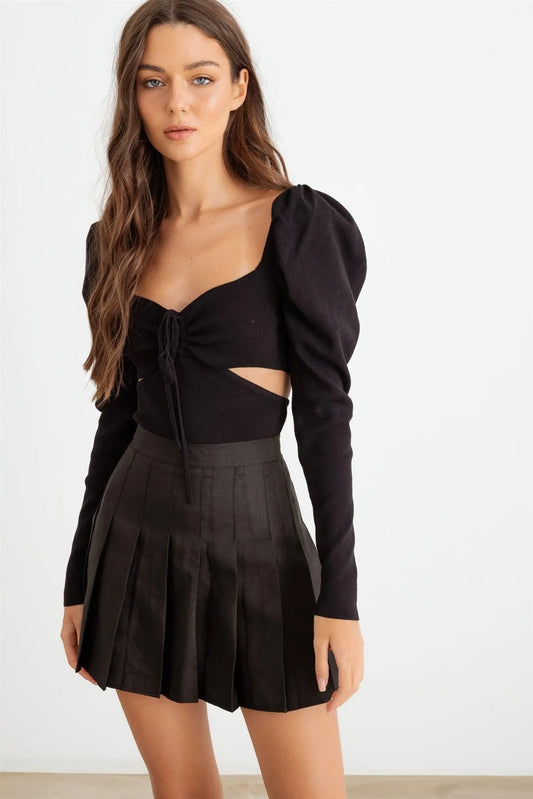 Black Ruched Puff Long Sleeve Cut-Out Crop Top - Tasha Apparel Wholesale