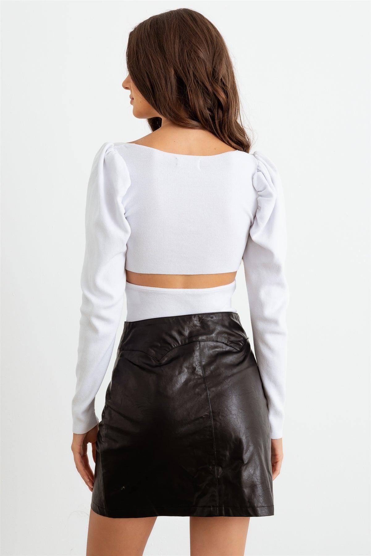 White Ruched Puff Long Sleeve Cut-Out Crop Top /2-2-2