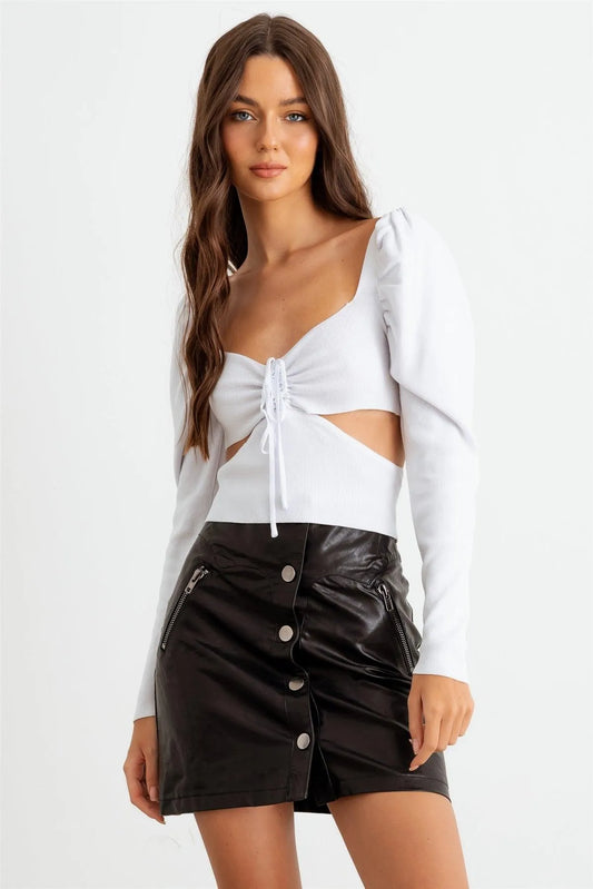 White Ruched Puff Long Sleeve Cut-Out Crop Top - Tasha Apparel Wholesale