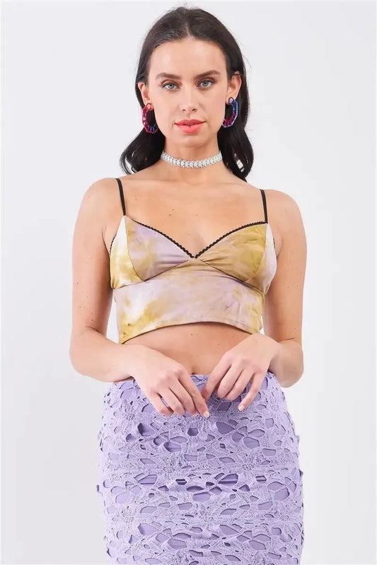 Mustard Lilac Tie-Dye Sleeveless Crochet Hem Detail V-Neck Bustier Crop Top - Tasha Apparel Wholesale