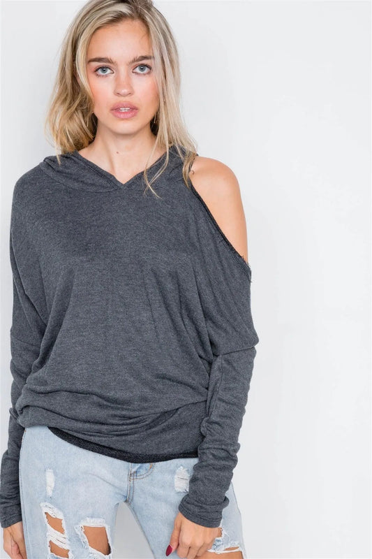 Charcoal Relaxed Fit Drop Shoulder Cut-Out Pull-Over /2-2-2 - Tasha Apparel Wholesale
