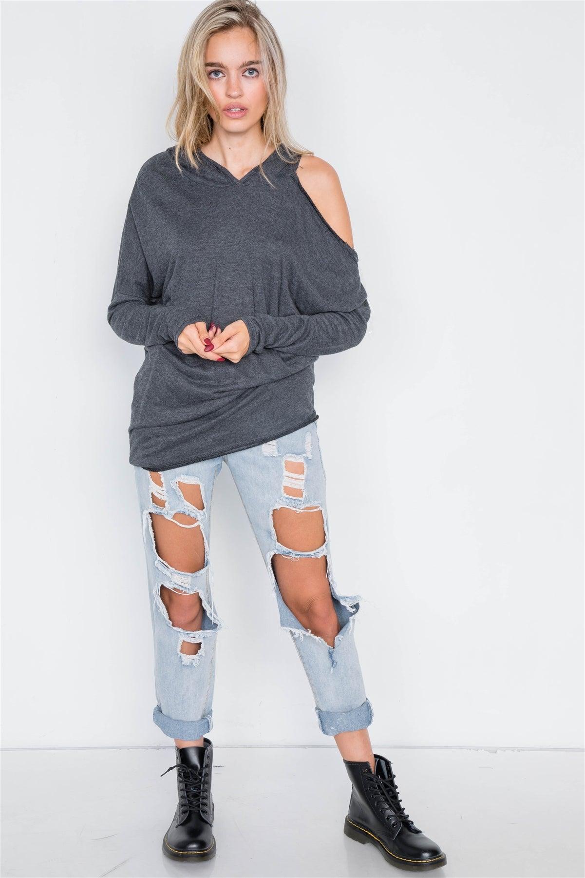 Charcoal Relaxed Fit Drop Shoulder Cut-Out Pull-Over /2-2-2